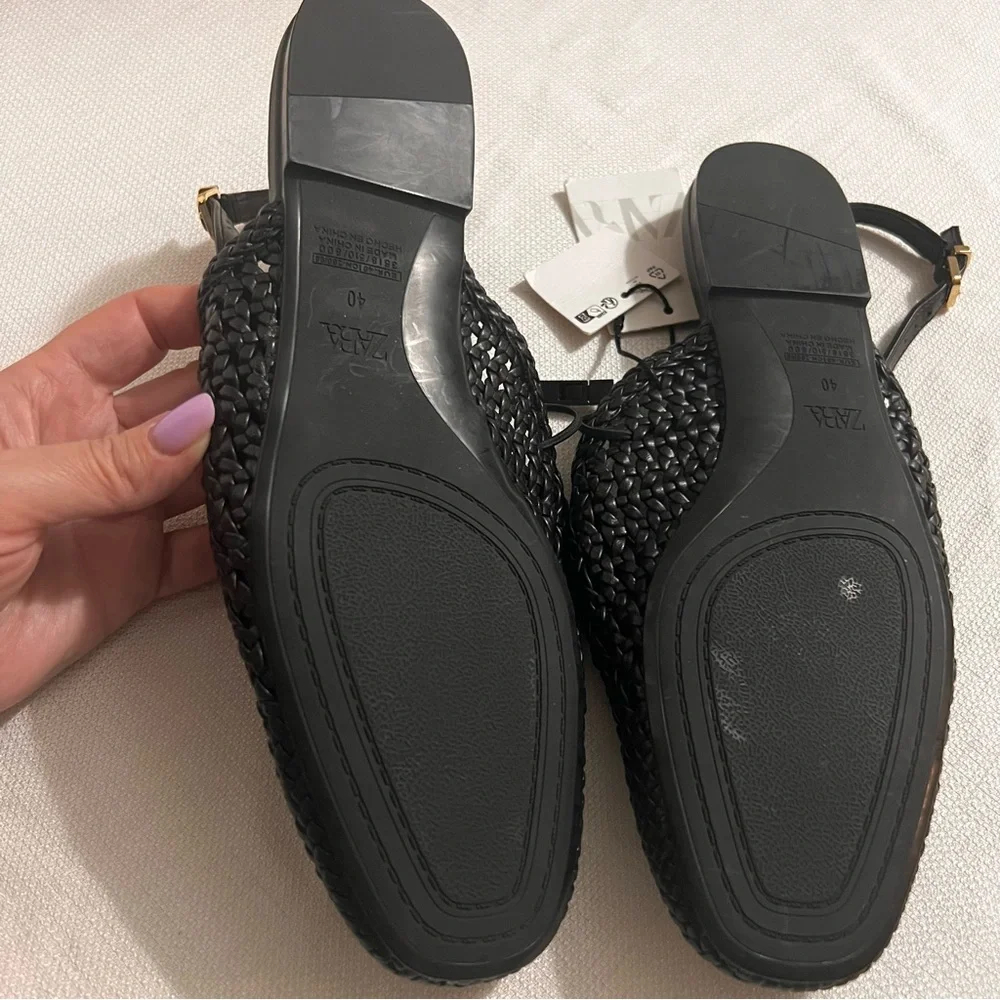ZARA Woven Slingback Flats 9 Black NWT